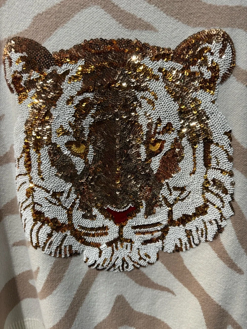 QUEEN OF SPARKLES Cream and Tan Tiger Sequin Knit Tank - Picture 3 of 9